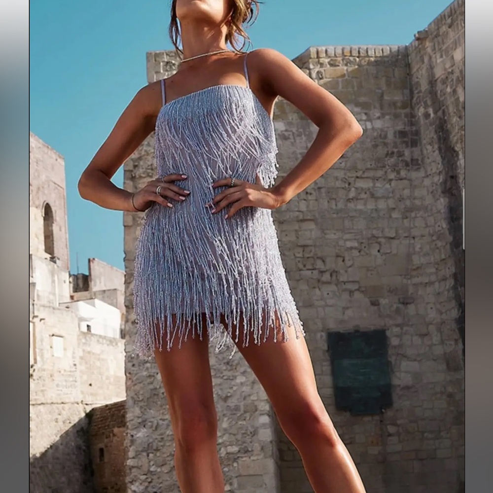 Pretty Little Thing Premium beaded Lavender Fringe tassel Dress